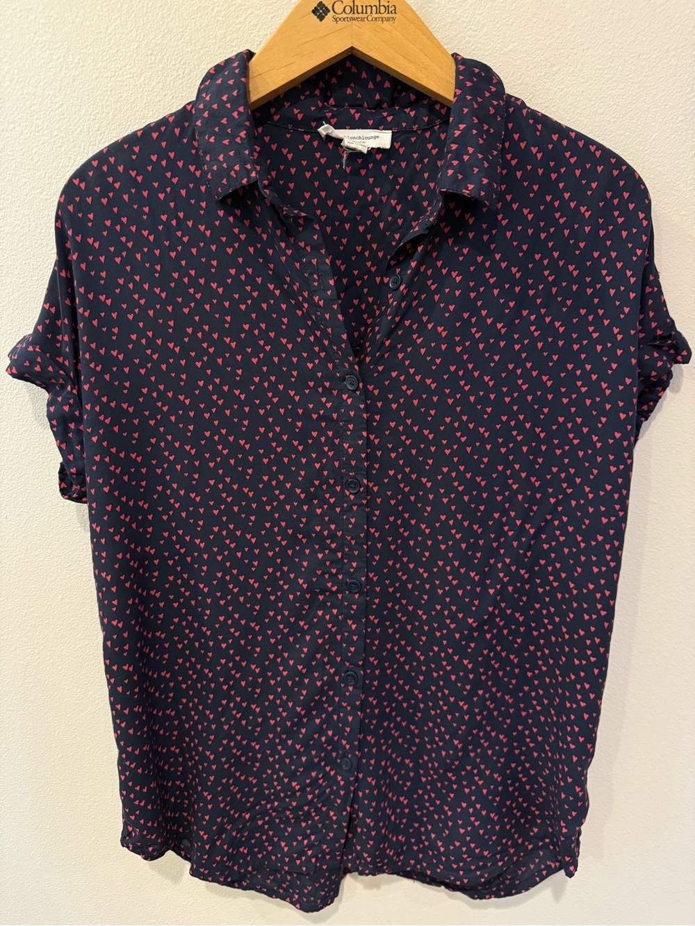 beachlunchlounge Navy Button-Up Blouse with Pink Heart Print